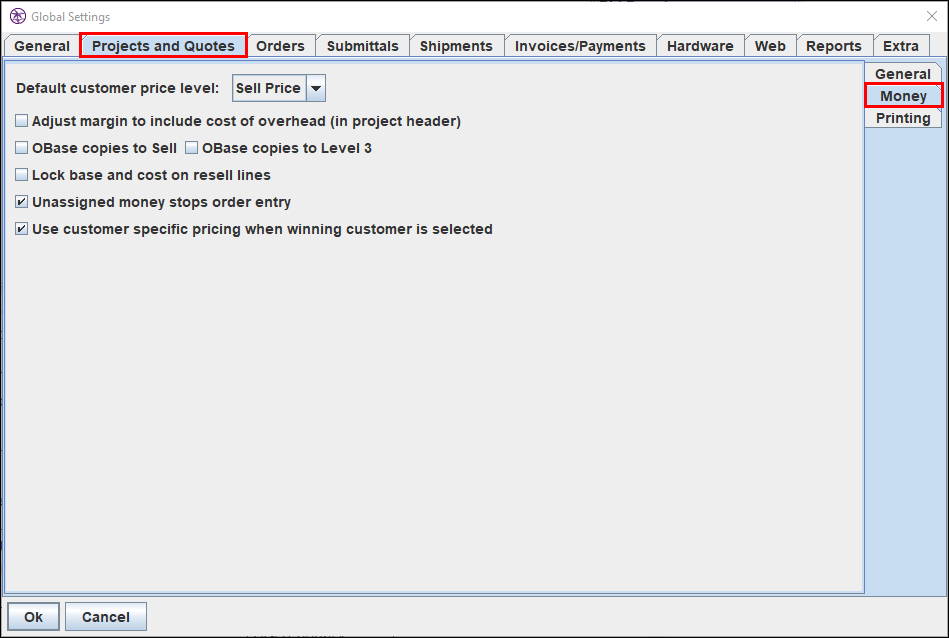Projects and Quotes Global Settings – Ingen Software